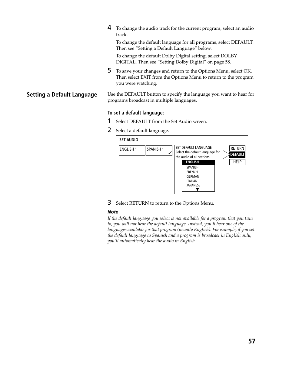 Setting a default language | Sony SAT-B3 User Manual | Page 57 / 96