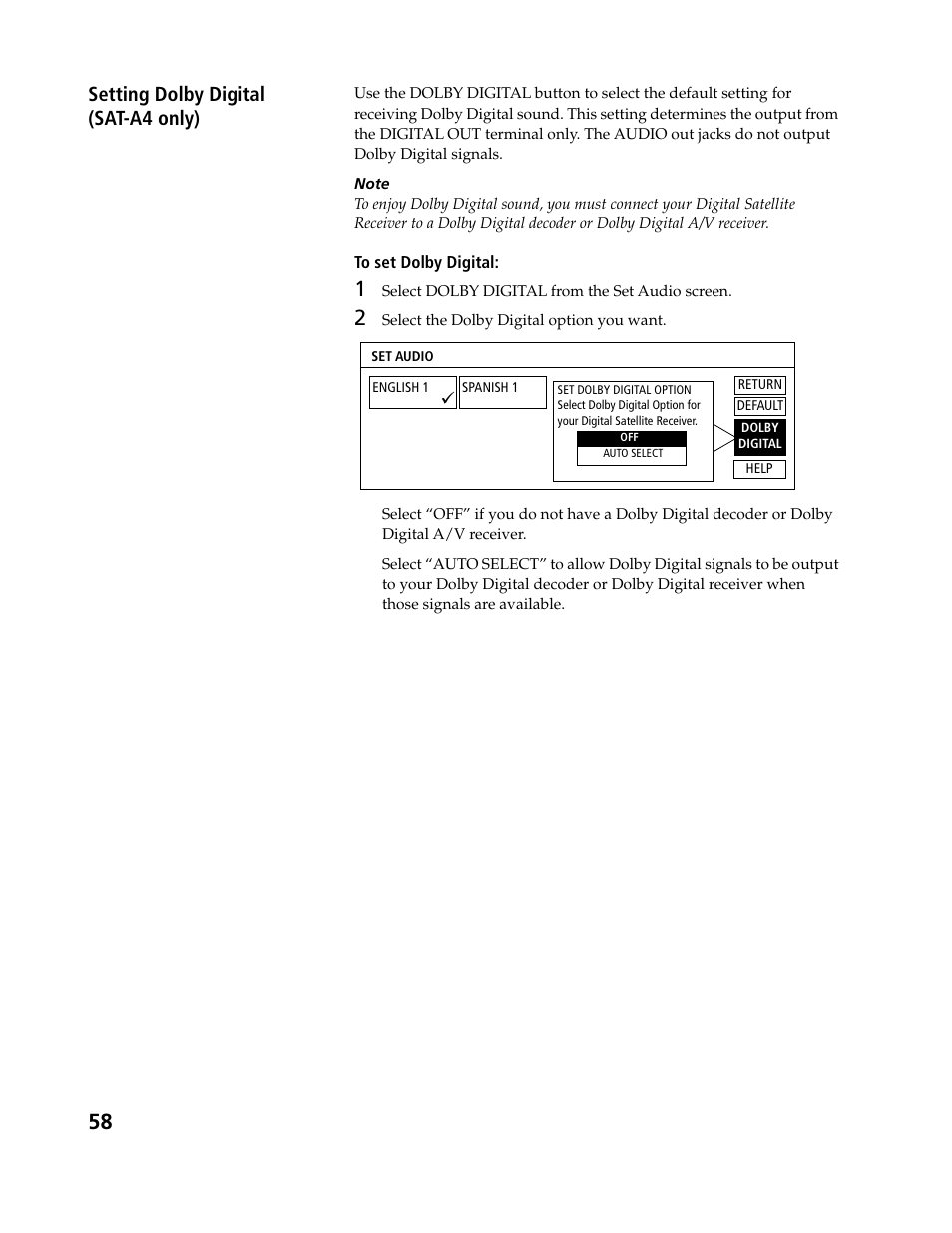 Setting dolby digital (sat-a4 only) | Sony SAT-B3 User Manual | Page 58 / 96