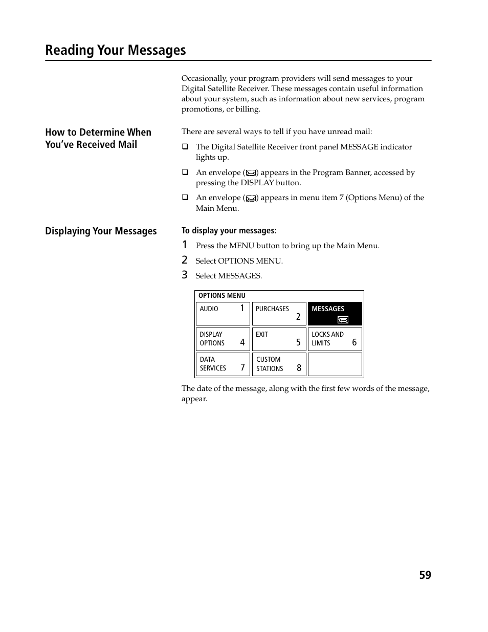 Reading your messages | Sony SAT-B3 User Manual | Page 59 / 96