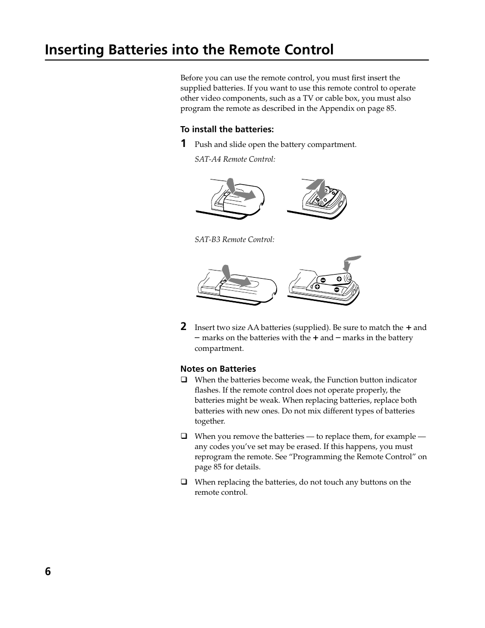 Inserting batteries into the remote control | Sony SAT-B3 User Manual | Page 6 / 96