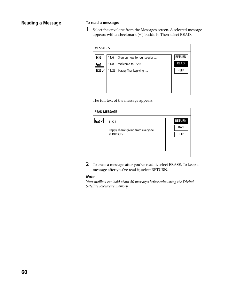 Reading a message | Sony SAT-B3 User Manual | Page 60 / 96