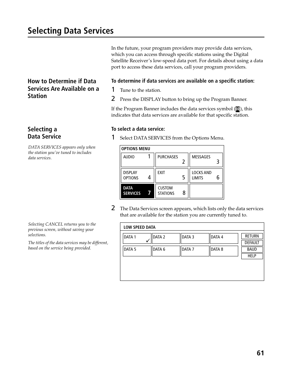 Selecting data services, Selecting a data service | Sony SAT-B3 User Manual | Page 61 / 96