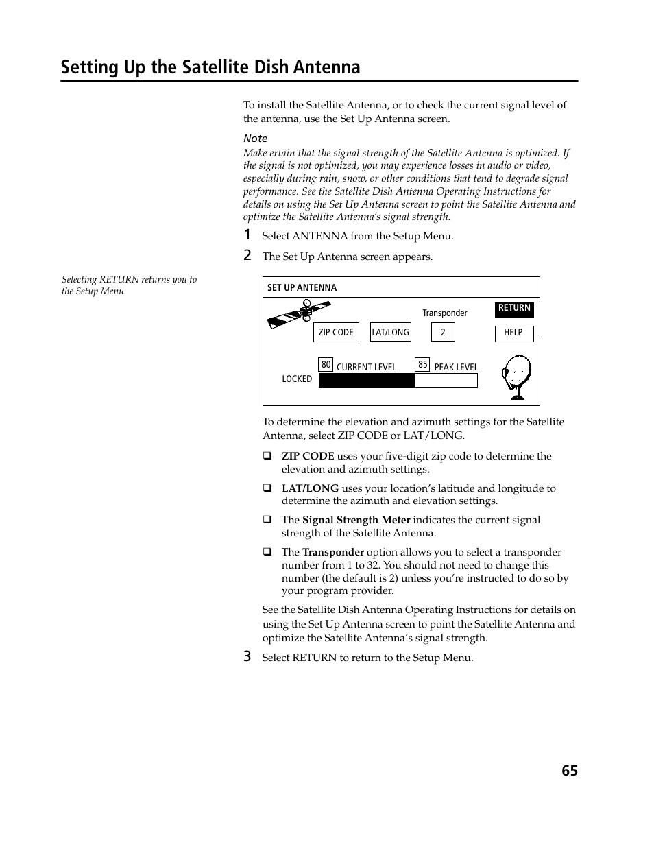 Setting up the satellite dish antenna | Sony SAT-B3 User Manual | Page 65 / 96