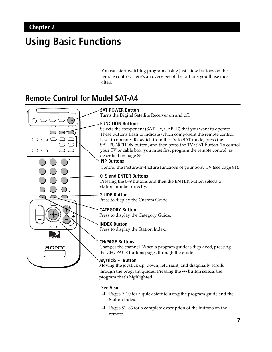 Using basic functions, Remote control for model sat-a4, 7 chapter 2 | Sony SAT-B3 User Manual | Page 7 / 96