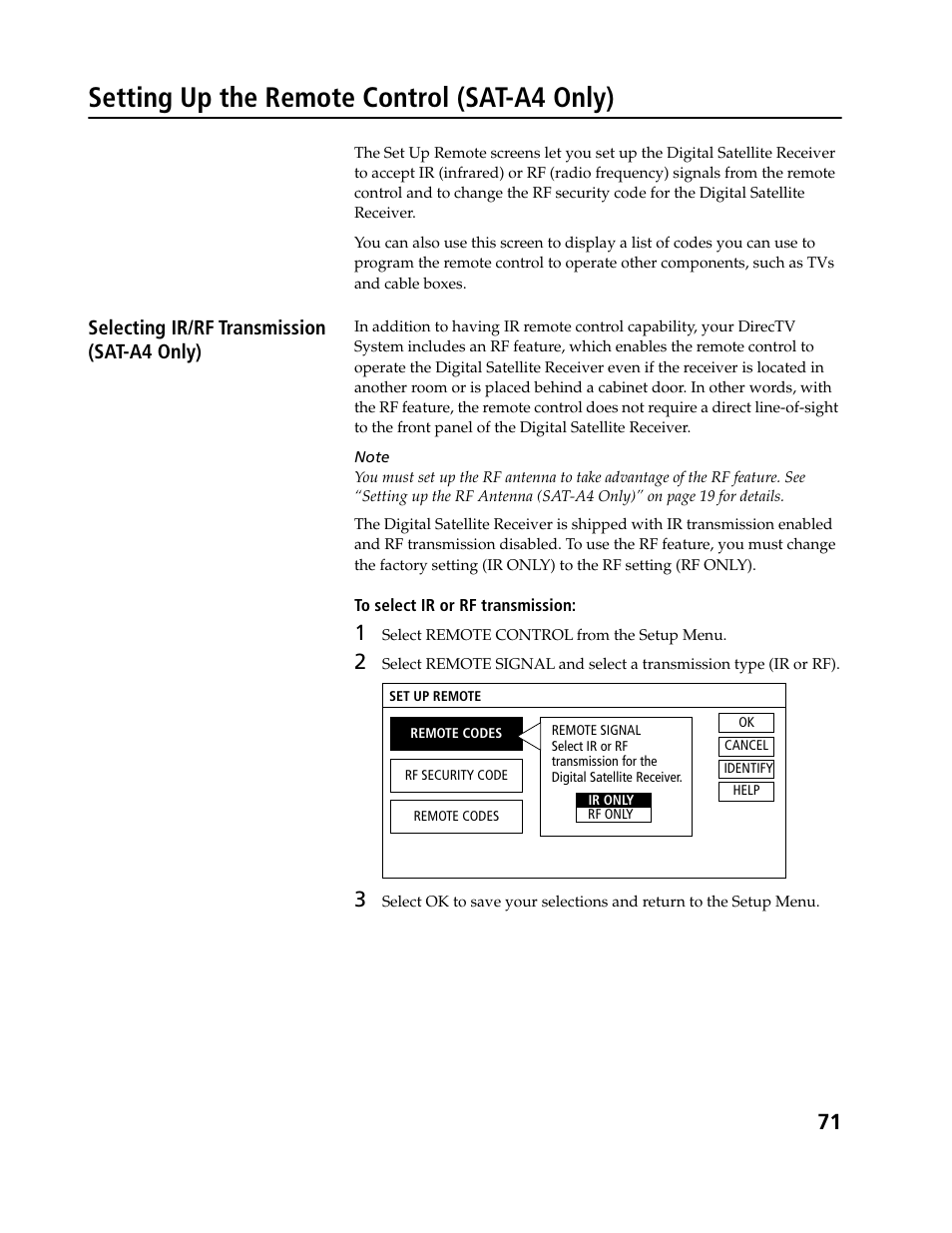 Setting up the remote control (sat-a4 only), Selecting ir/rf transmission (sat-a4 only) | Sony SAT-B3 User Manual | Page 71 / 96