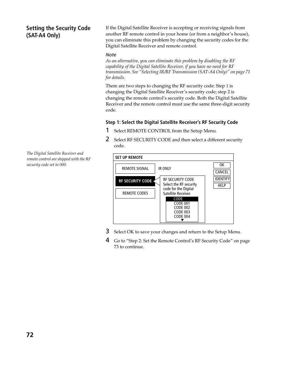 Setting the security code (sat-a4 only) | Sony SAT-B3 User Manual | Page 72 / 96