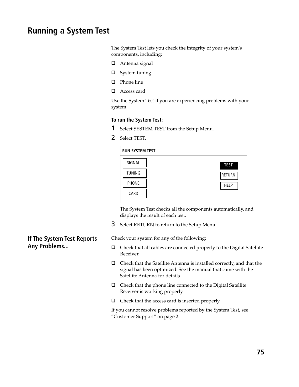 Running a system test, If the system test reports any problems | Sony SAT-B3 User Manual | Page 75 / 96