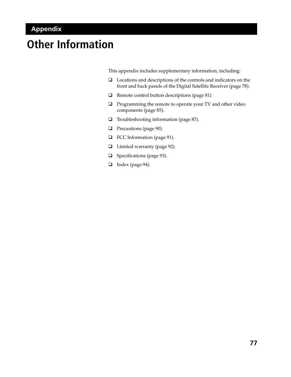 Other information, 77 appendix | Sony SAT-B3 User Manual | Page 77 / 96