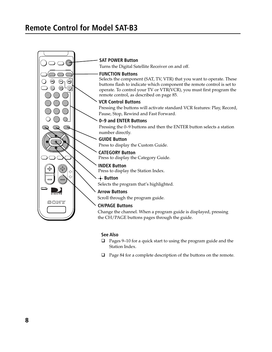 Remote control for model sat-b3, See also, Arrow buttons | Guide button, Sat power button, 0–9 and enter buttons, Function buttons, Ch/page buttons, Vcr control buttons, Index button | Sony SAT-B3 User Manual | Page 8 / 96