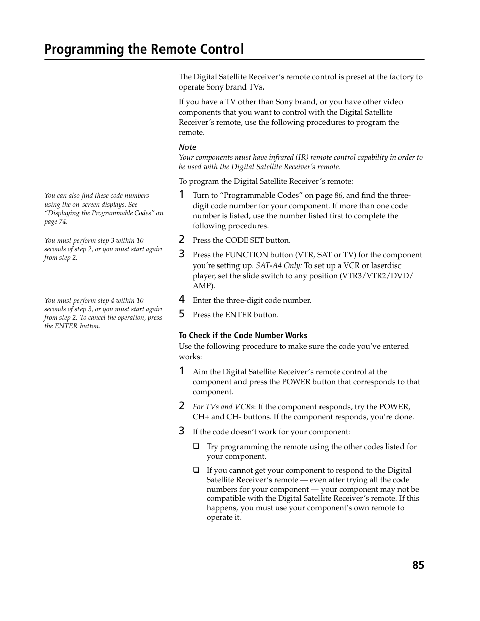 Programming the remote control | Sony SAT-B3 User Manual | Page 85 / 96