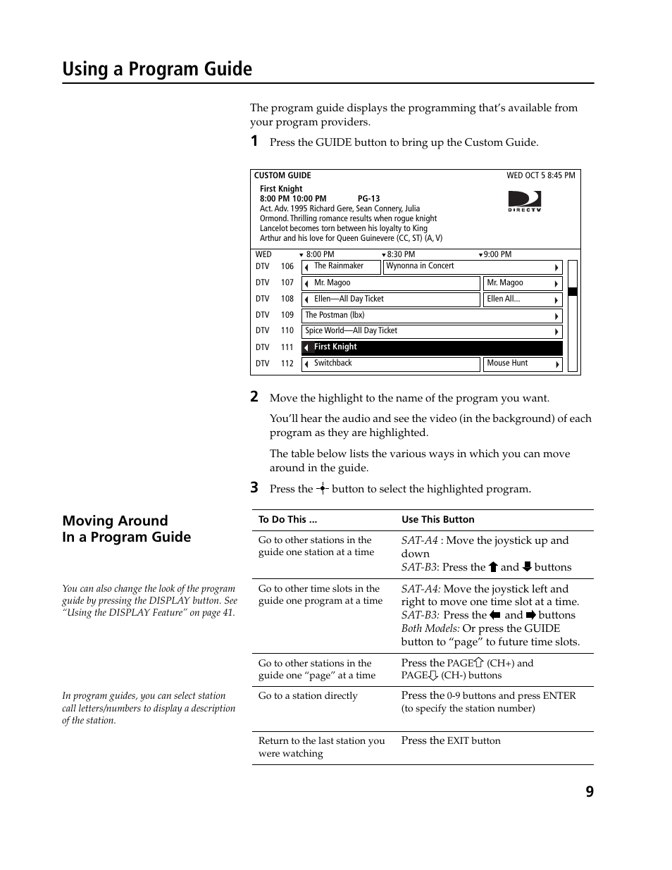 Using a program guide, Moving around in a program guide | Sony SAT-B3 User Manual | Page 9 / 96