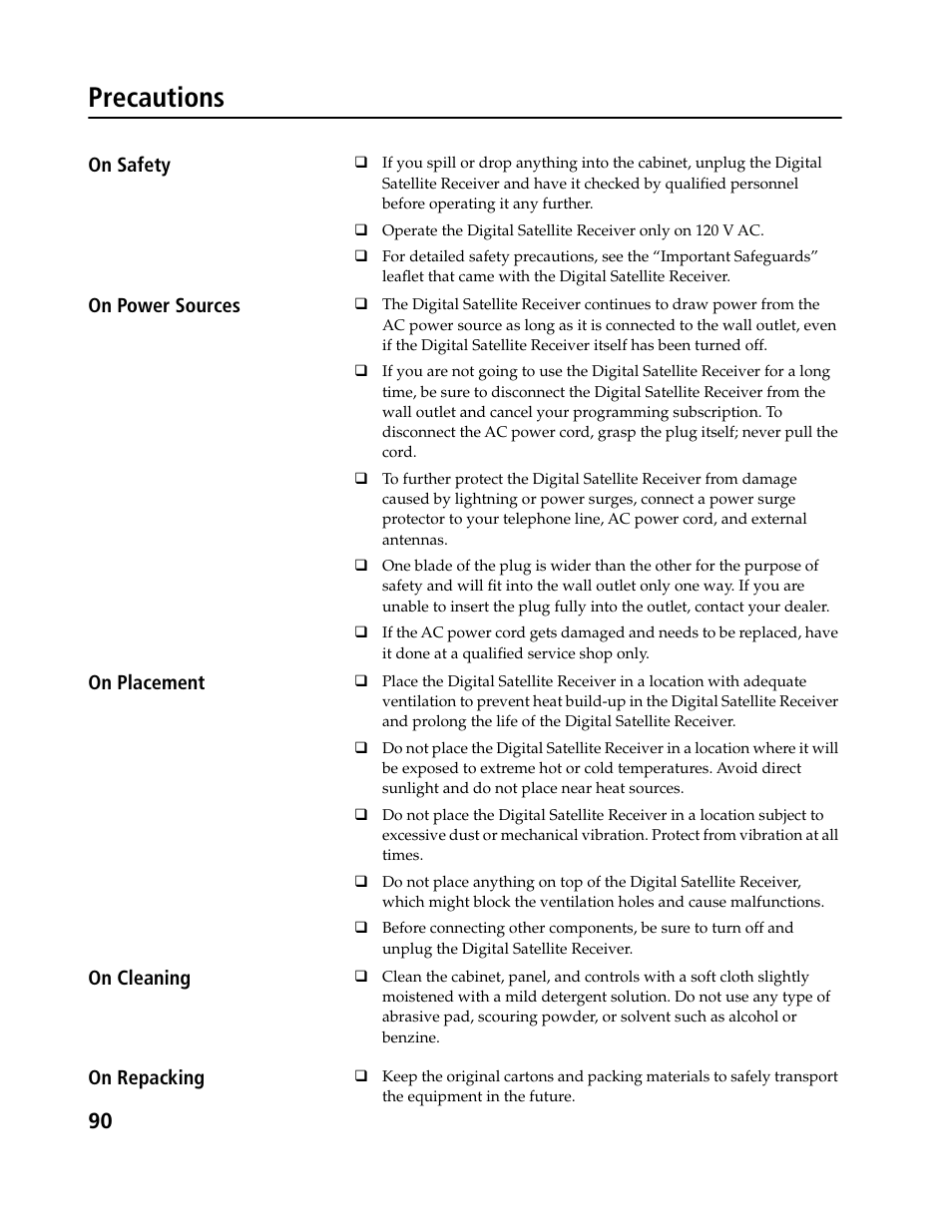 Precautions, On safety, On power sources | On placement, On cleaning, On repacking | Sony SAT-B3 User Manual | Page 90 / 96