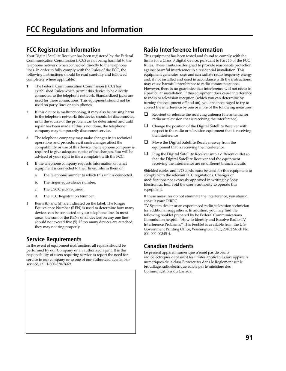 Fcc regulations and information, Fcc registration information, Service requirements | Radio interference information, Canadian residents | Sony SAT-B3 User Manual | Page 91 / 96