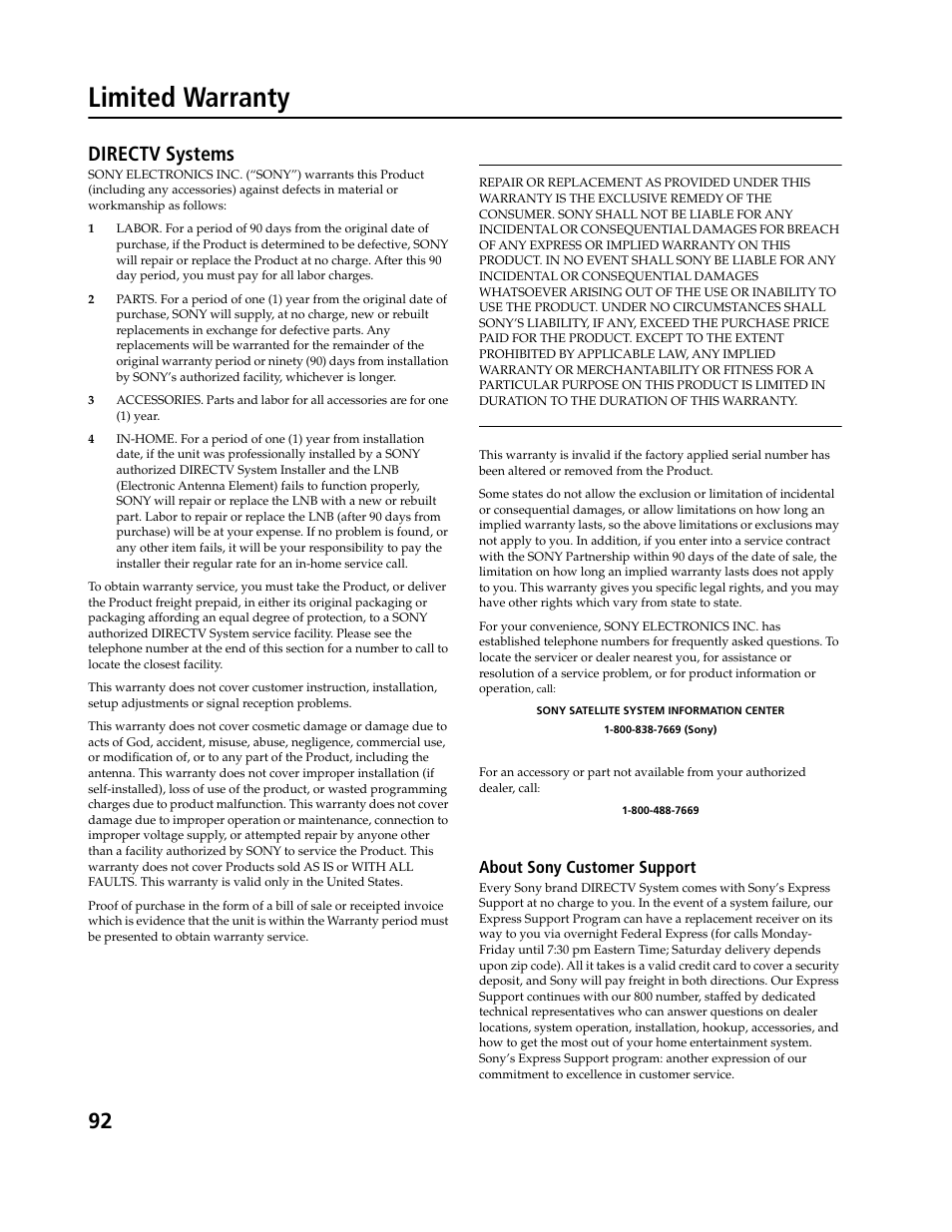 Limited warranty, Directv systems, About sony customer support | Sony SAT-B3 User Manual | Page 92 / 96