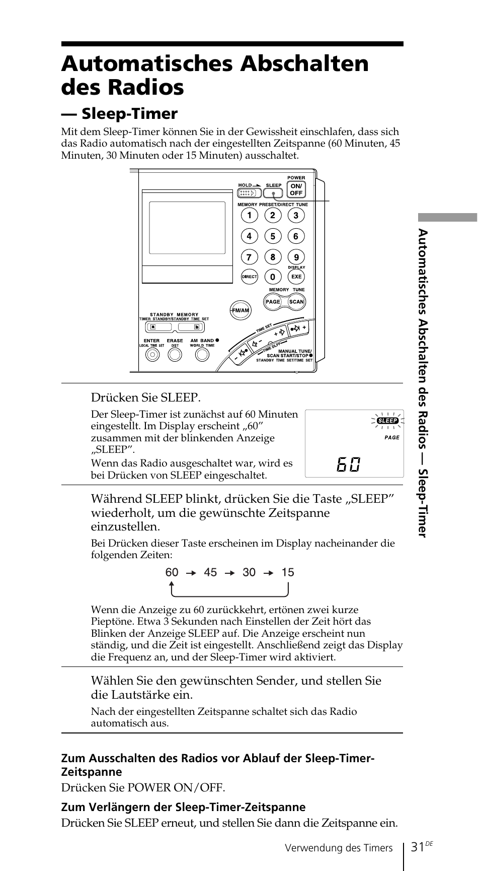 Automatisches abschalten des radios, Sleep-timer | Sony ICF-SW7600GR User Manual | Page 111 / 242