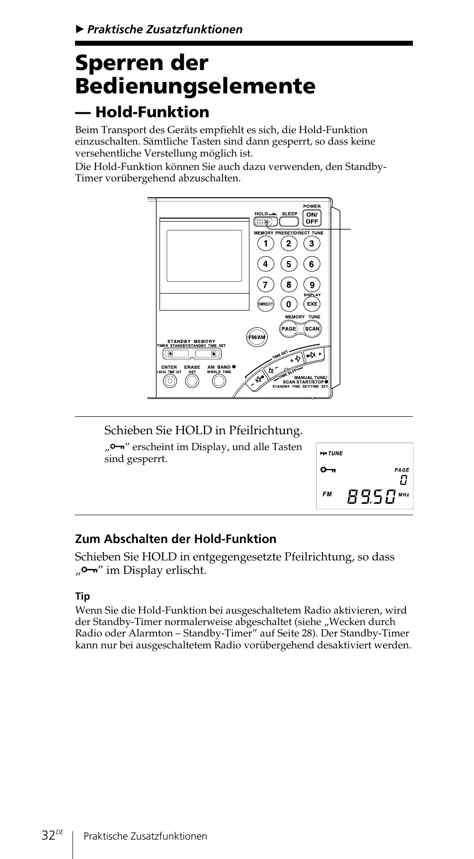 Sperren der bedienungselemente, Hold-funktion | Sony ICF-SW7600GR User Manual | Page 112 / 242
