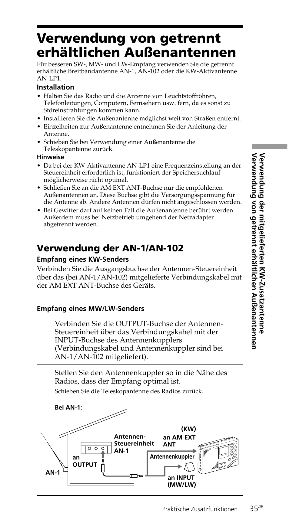 Verwendung von getrennt erhältlichen außenantennen, Verwendung der an-1/an-102 | Sony ICF-SW7600GR User Manual | Page 115 / 242