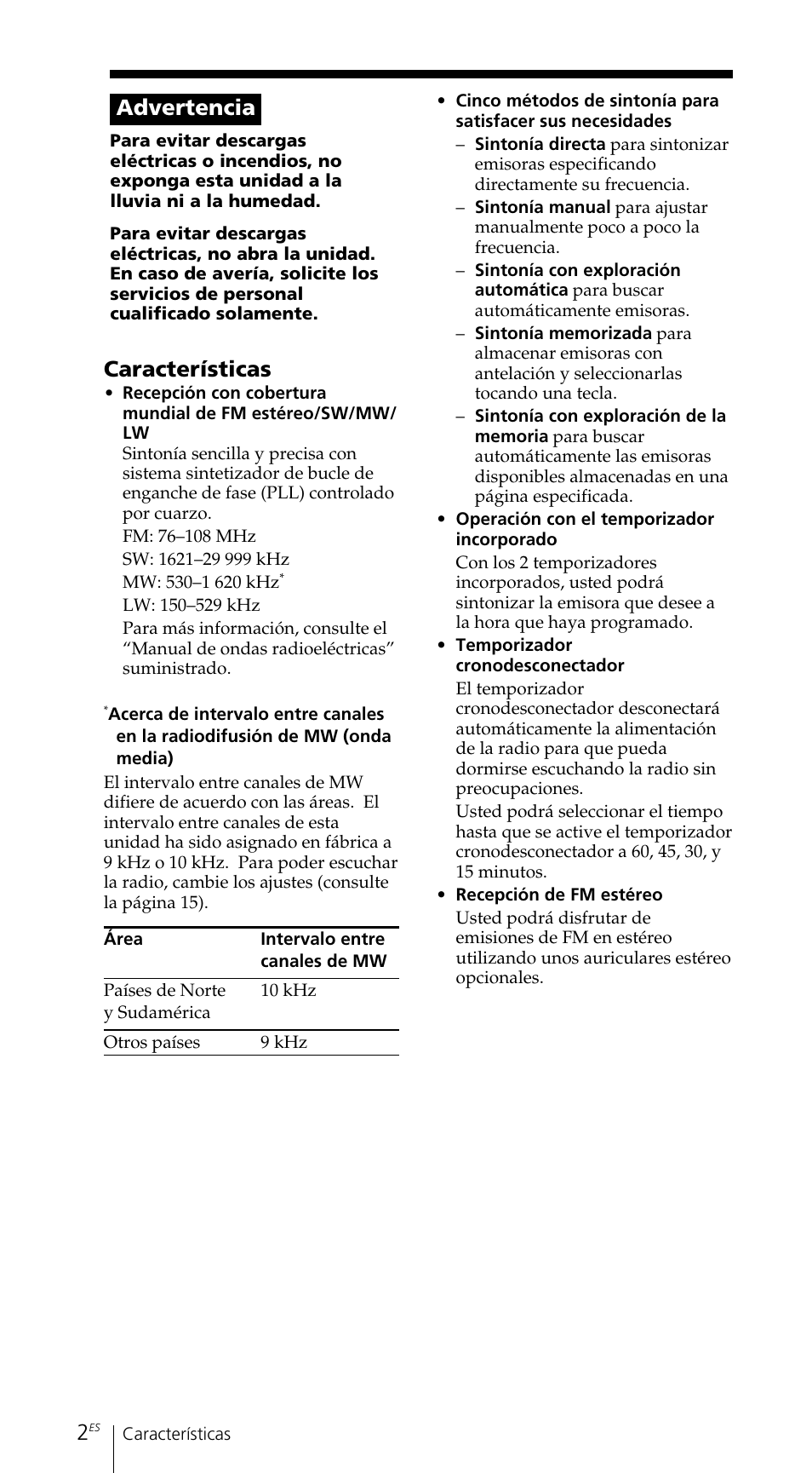 Advertencia, Características | Sony ICF-SW7600GR User Manual | Page 122 / 242