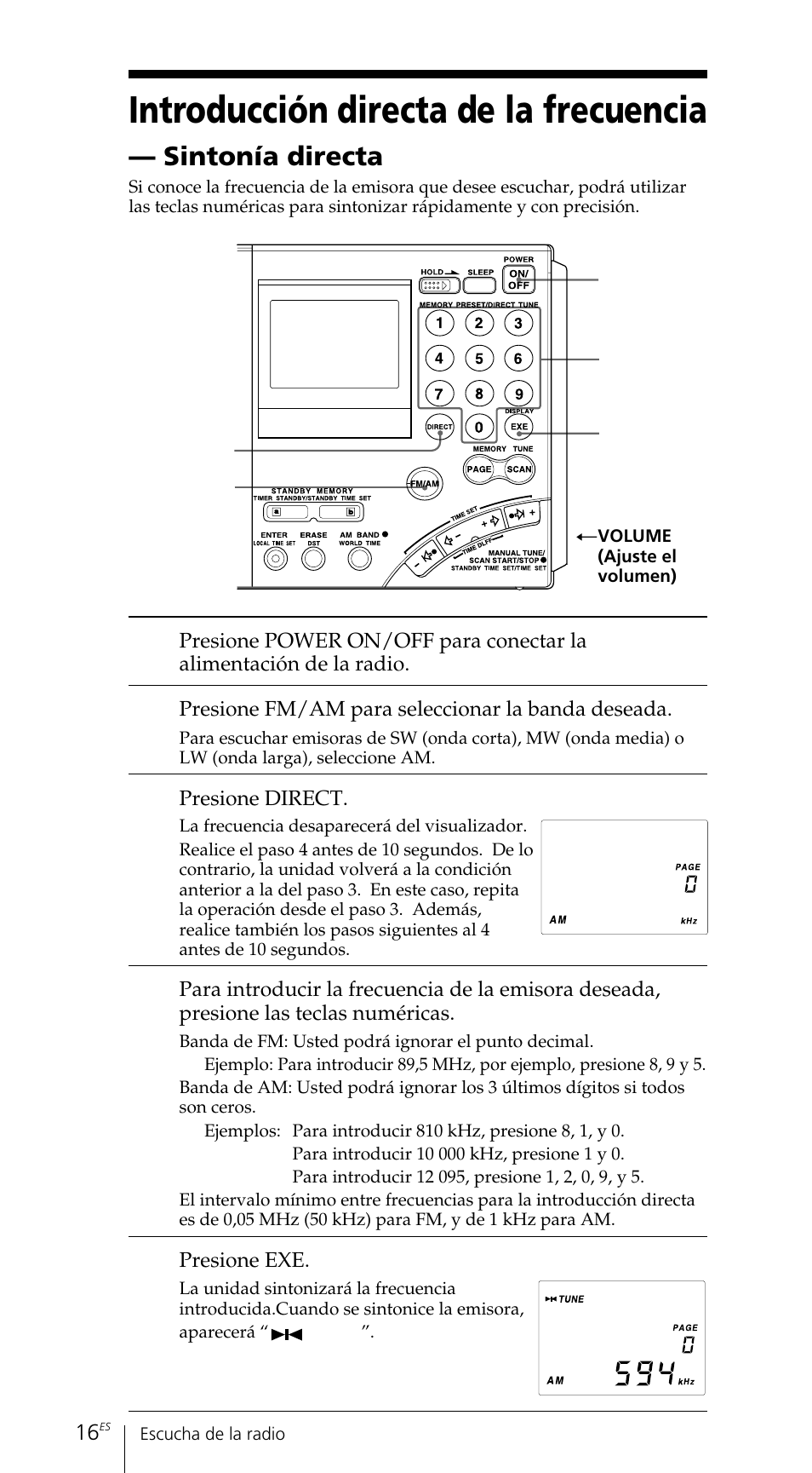 Introducción directa de la frecuencia, Sintonía directa | Sony ICF-SW7600GR User Manual | Page 136 / 242