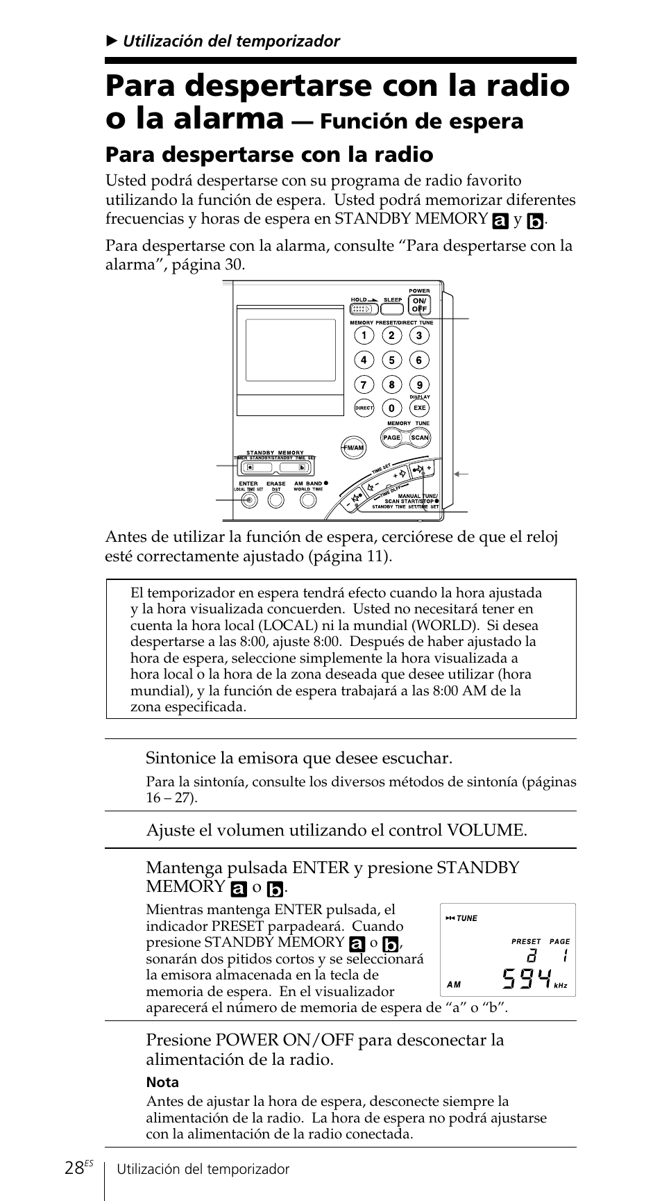 Para despertarse con la radio o la alarma, Función de espera para despertarse con la radio | Sony ICF-SW7600GR User Manual | Page 148 / 242