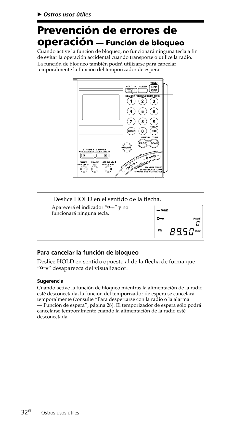 Prevención de errores de operación, Función de bloqueo | Sony ICF-SW7600GR User Manual | Page 152 / 242