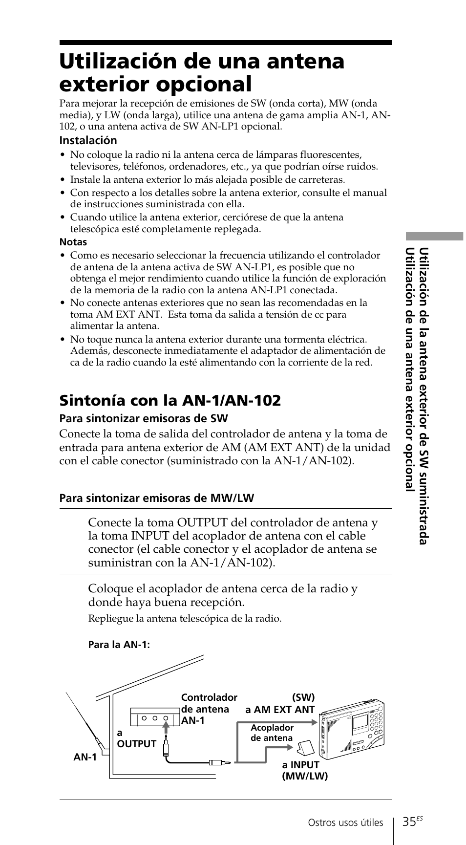 Utilización de una antena exterior opcional, Sintonía con la an-1/an-102 | Sony ICF-SW7600GR User Manual | Page 155 / 242