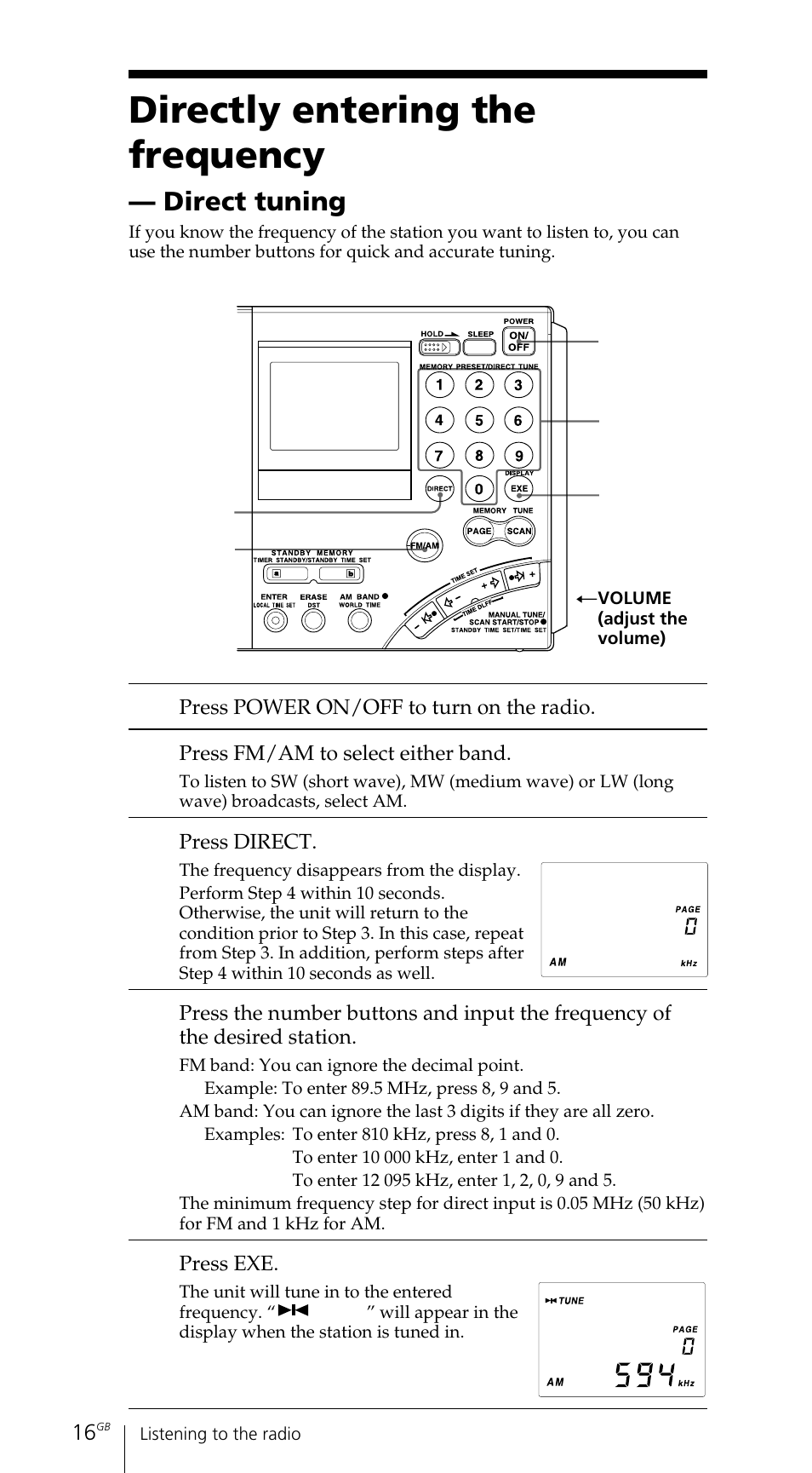 Directly entering the frequency, Direct tuning | Sony ICF-SW7600GR User Manual | Page 16 / 242