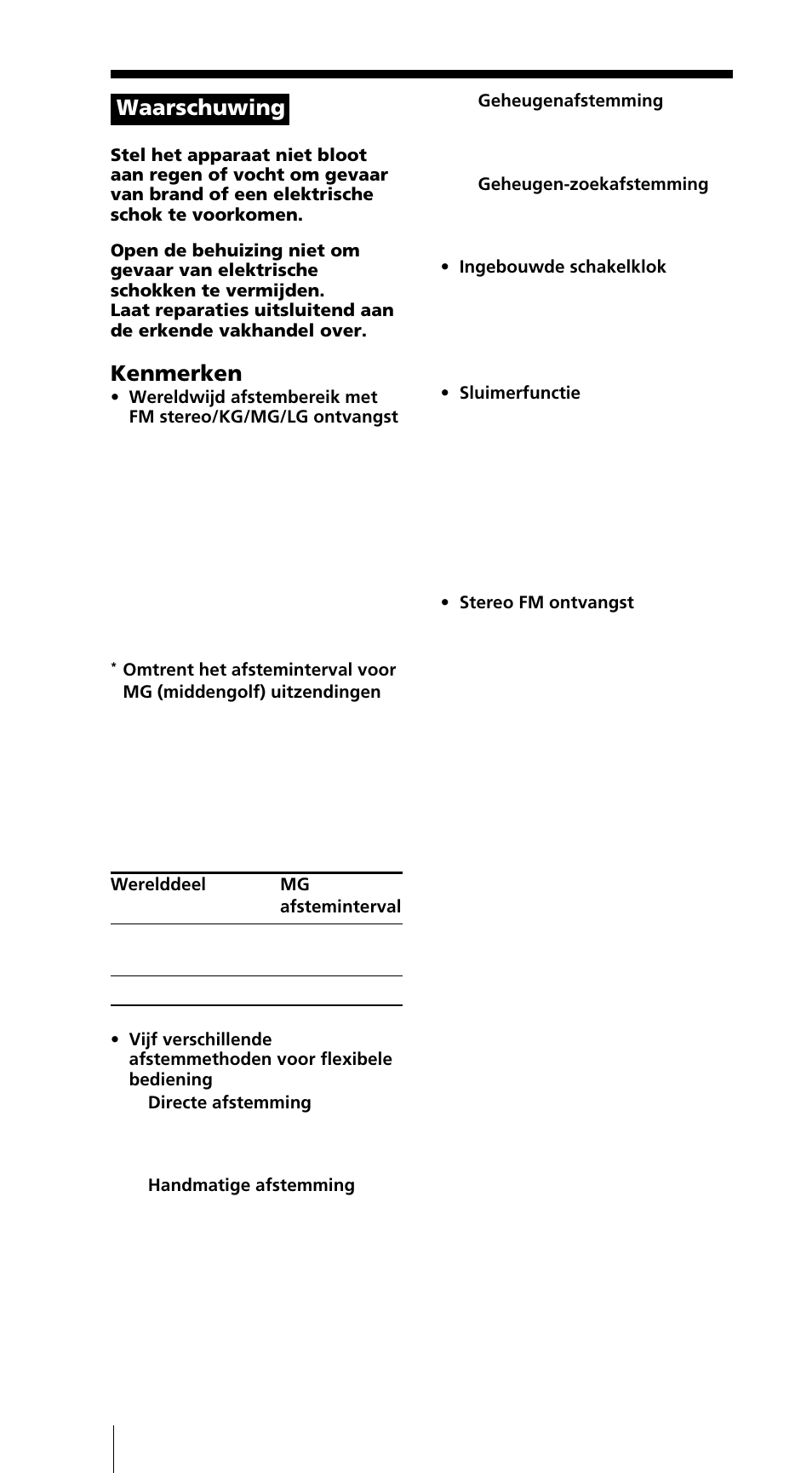 Waarschuwing, Kenmerken | Sony ICF-SW7600GR User Manual | Page 162 / 242