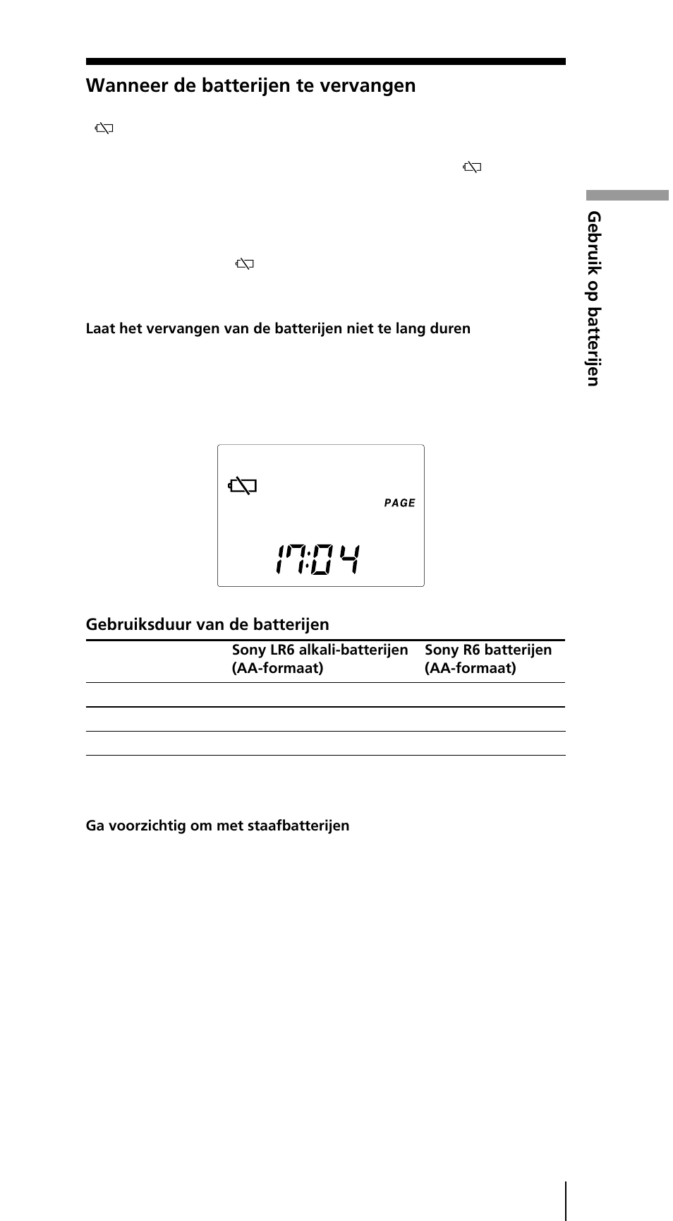 Wanneer de batterijen te vervangen, Gebruik op batterijen | Sony ICF-SW7600GR User Manual | Page 169 / 242