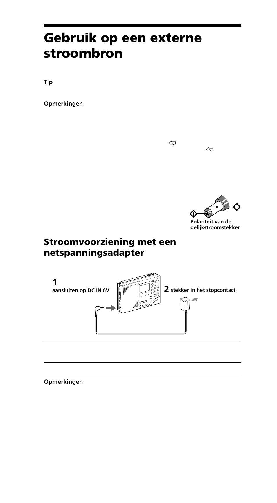 Gebruik op een externe stroombron, Stroomvoorziening met een netspanningsadapter | Sony ICF-SW7600GR User Manual | Page 170 / 242