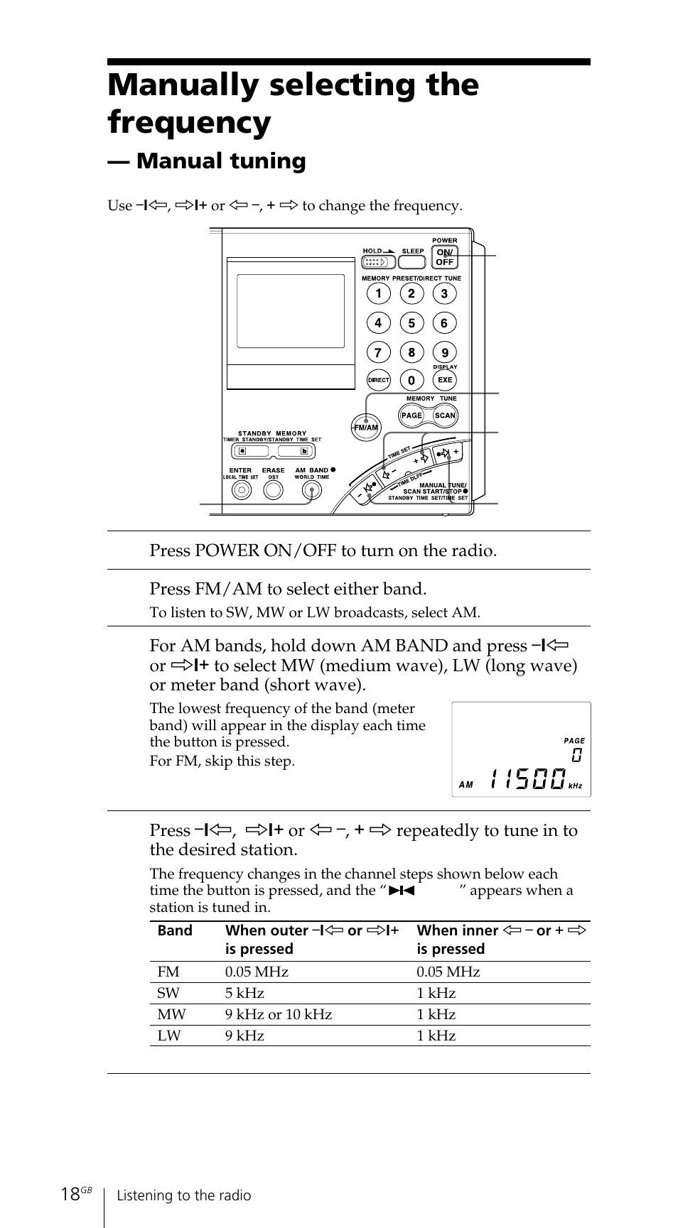 Manually selecting the frequency, Manual tuning | Sony ICF-SW7600GR User Manual | Page 18 / 242