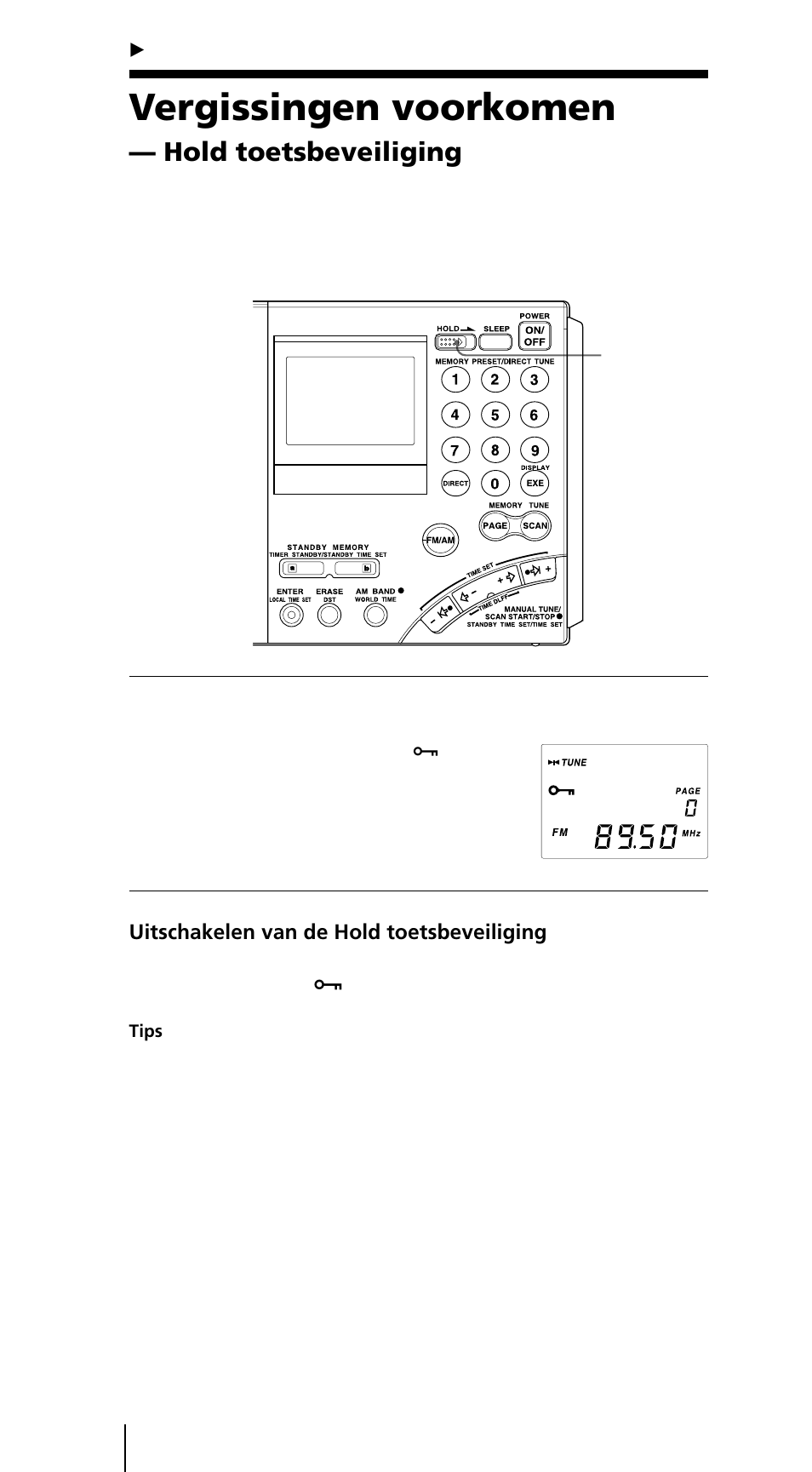 Vergissingen voorkomen, Hold toetsbeveiliging | Sony ICF-SW7600GR User Manual | Page 192 / 242