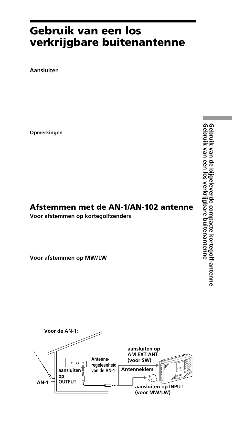 Gebruik van een los verkrijgbare buitenantenne, Afstemmen met de an-1/an-102 antenne | Sony ICF-SW7600GR User Manual | Page 195 / 242