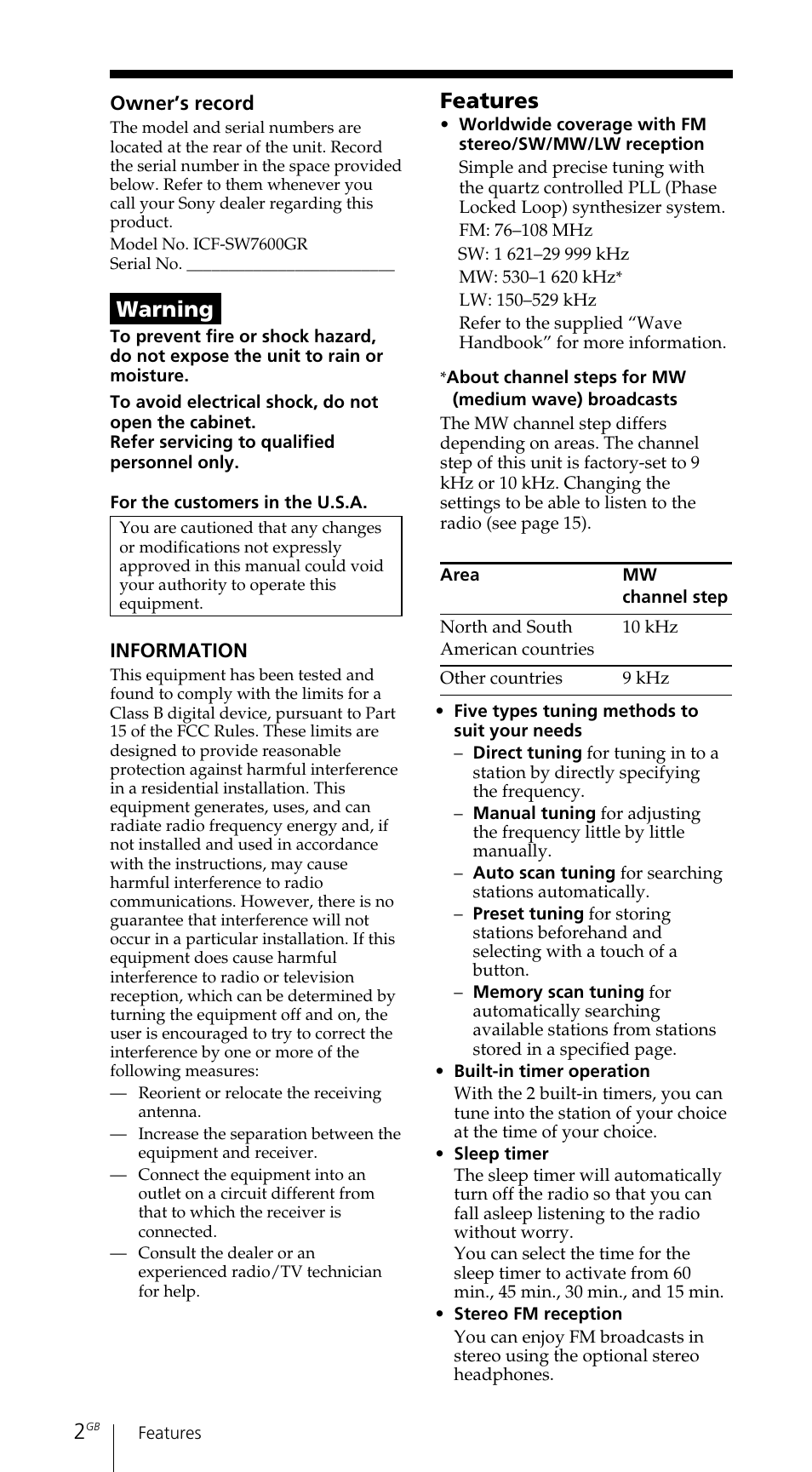 Warning, Features | Sony ICF-SW7600GR User Manual | Page 2 / 242