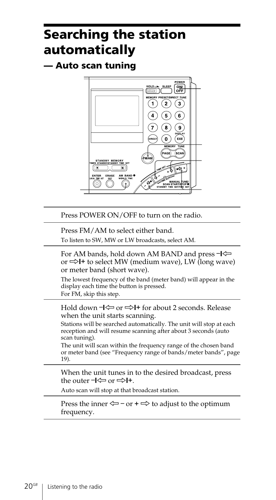 Searching the station automatically | Sony ICF-SW7600GR User Manual | Page 20 / 242