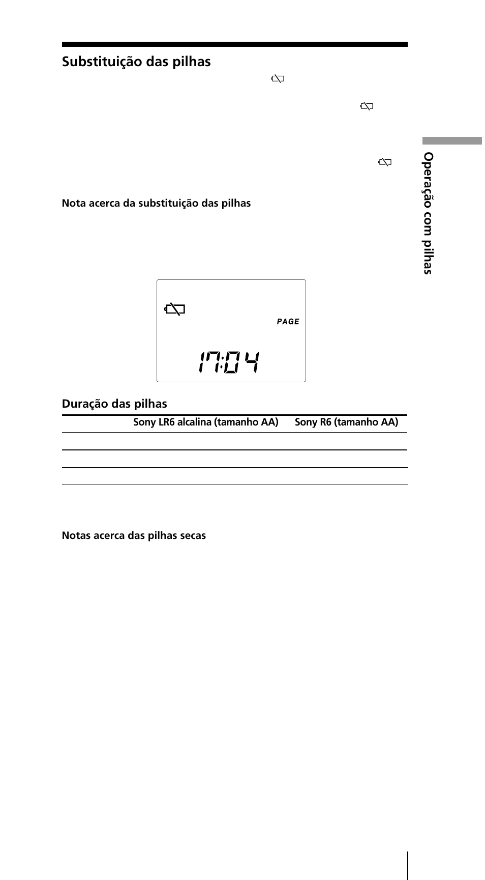 Substituição das pilhas, Operação com pilhas | Sony ICF-SW7600GR User Manual | Page 209 / 242