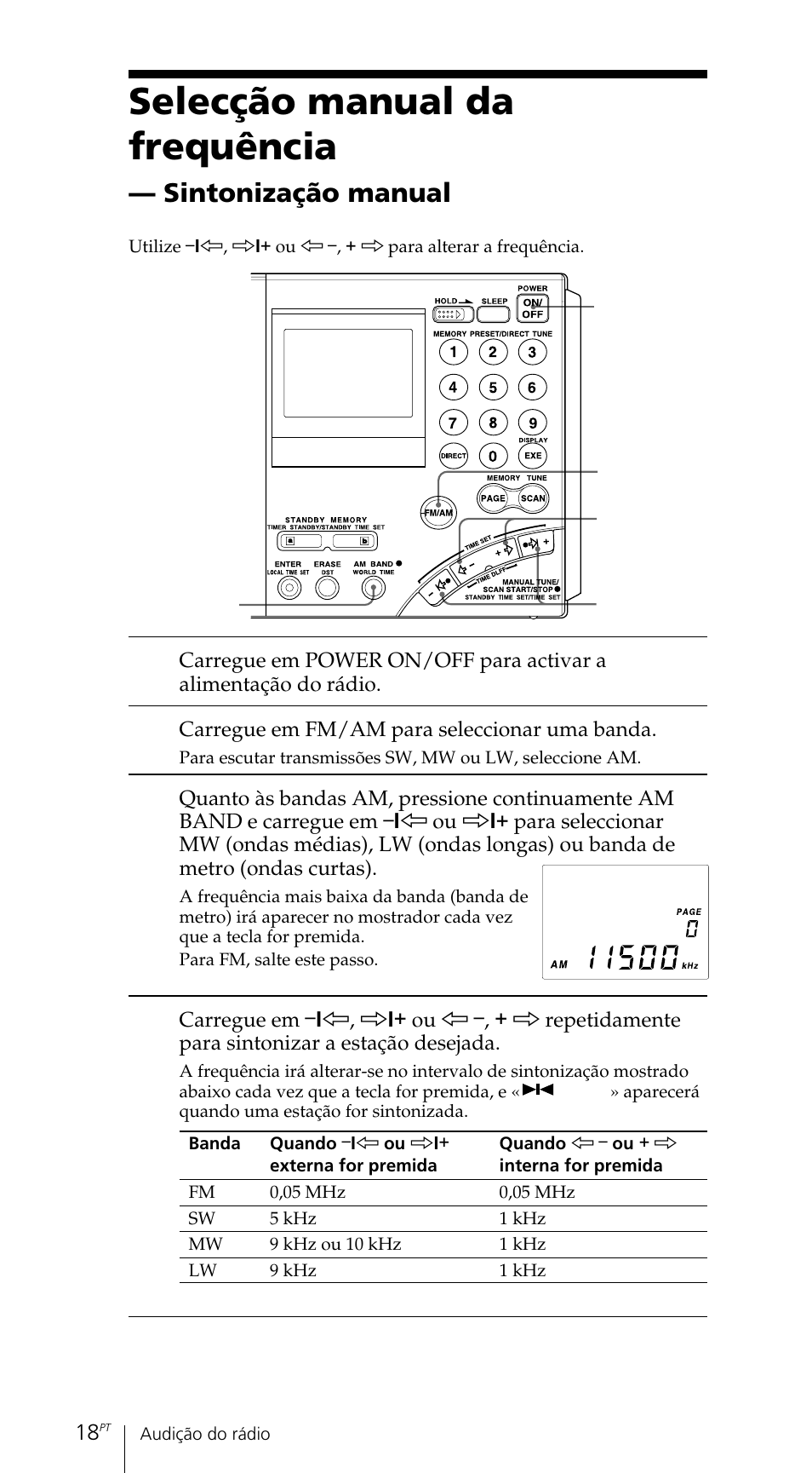 Selecção manual da frequência, Sintonização manual | Sony ICF-SW7600GR User Manual | Page 218 / 242