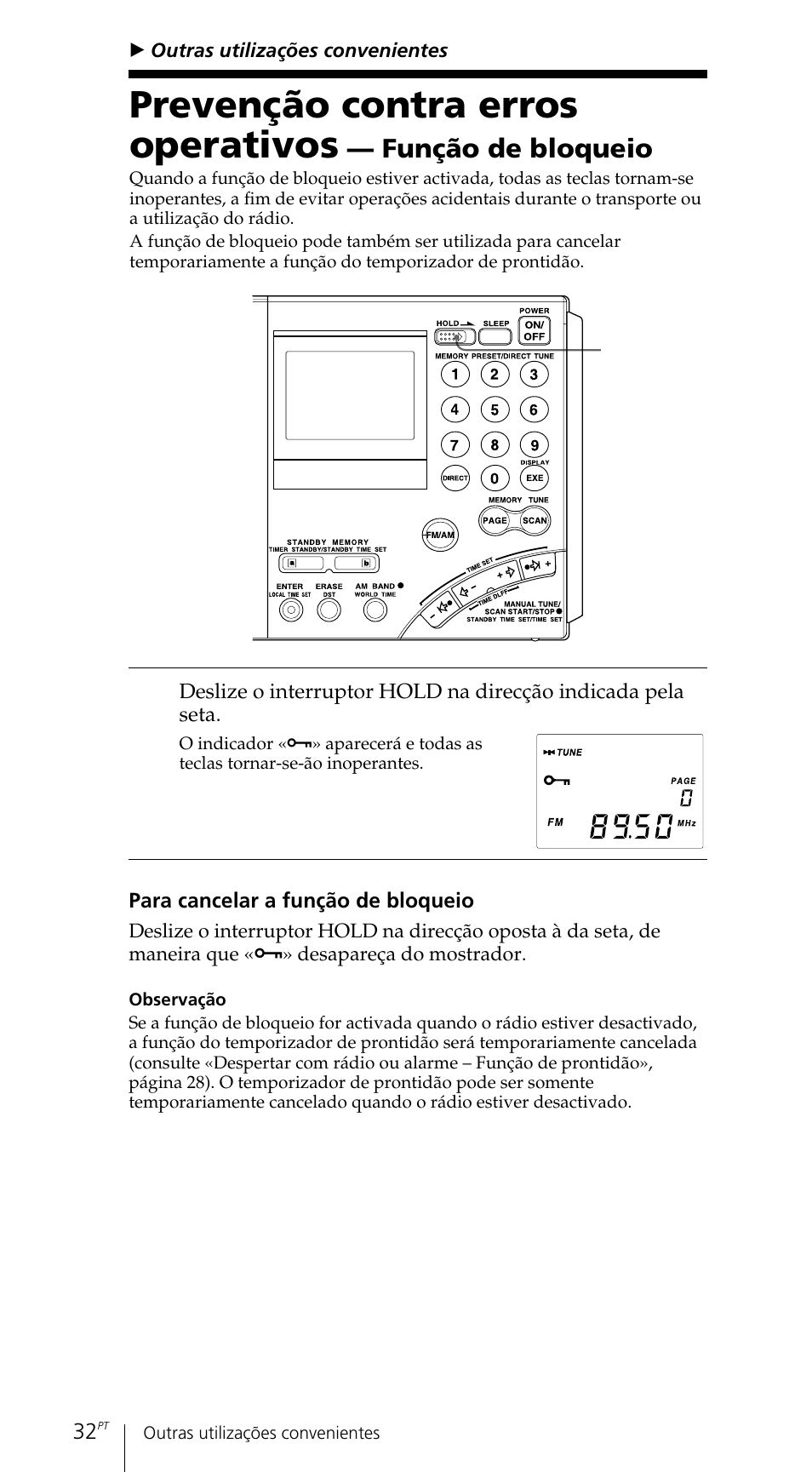 Prevenção contra erros operativos, Função de bloqueio | Sony ICF-SW7600GR User Manual | Page 232 / 242