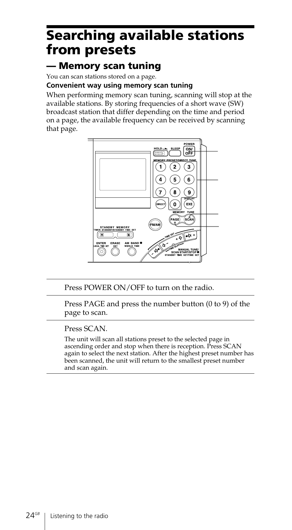 Searching available stations from presets | Sony ICF-SW7600GR User Manual | Page 24 / 242