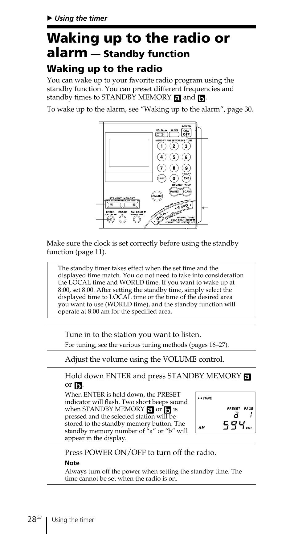 Waking up to the radio or alarm, Standby function waking up to the radio | Sony ICF-SW7600GR User Manual | Page 28 / 242