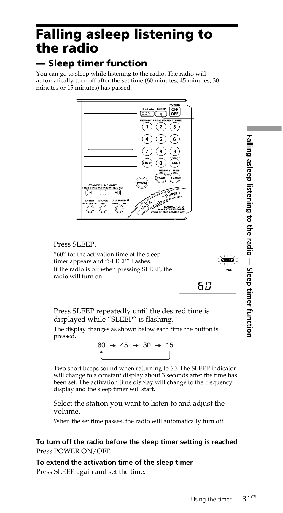 Falling asleep listening to the radio, Sleep timer function | Sony ICF-SW7600GR User Manual | Page 31 / 242