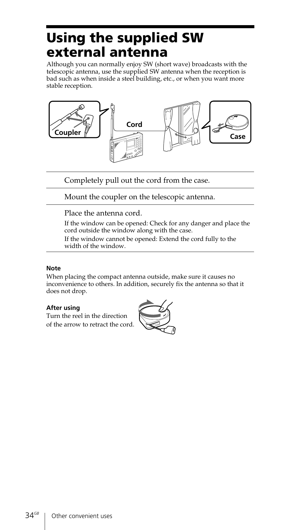 Using the supplied sw external antenna | Sony ICF-SW7600GR User Manual | Page 34 / 242