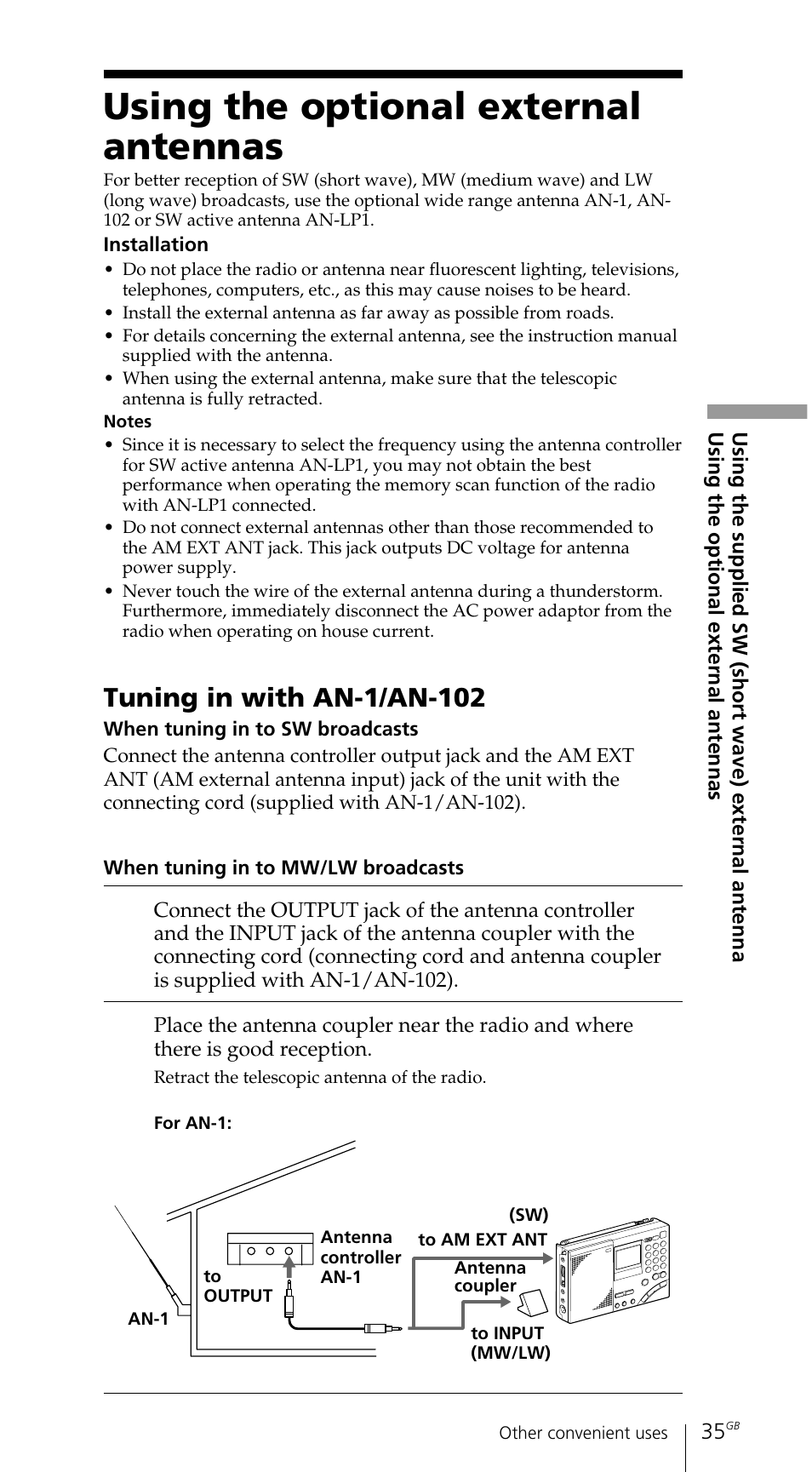 Using the optional external antennas, Tuning in with an-1/an-102 | Sony ICF-SW7600GR User Manual | Page 35 / 242