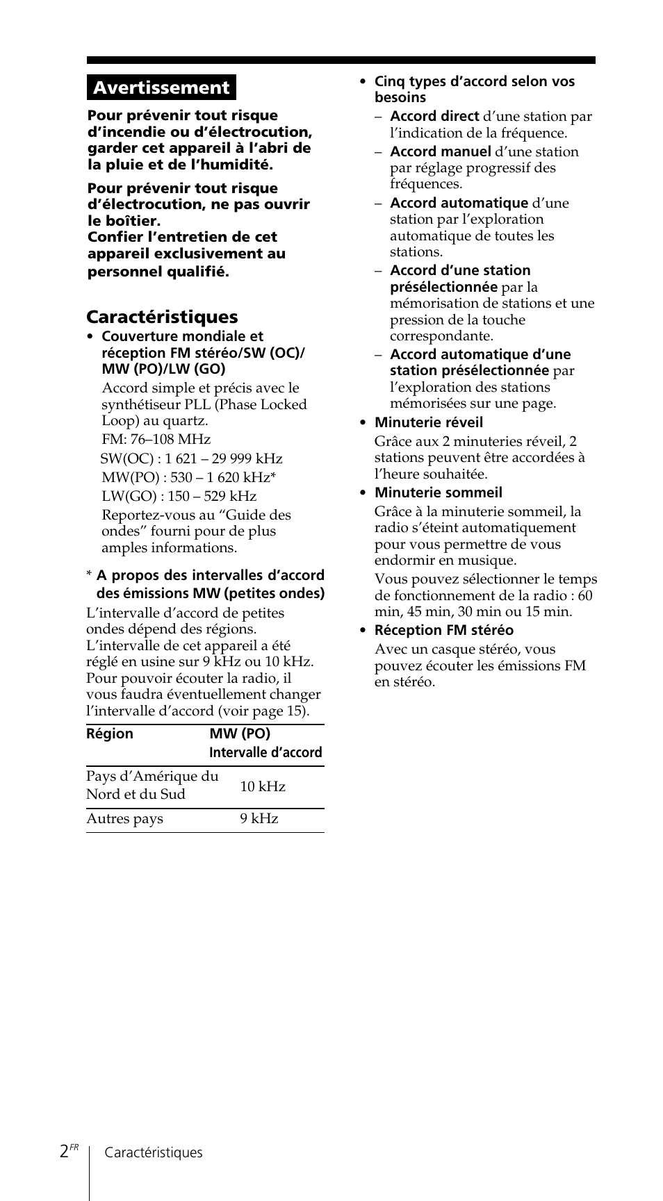 Avertissement, Caractéristiques | Sony ICF-SW7600GR User Manual | Page 42 / 242