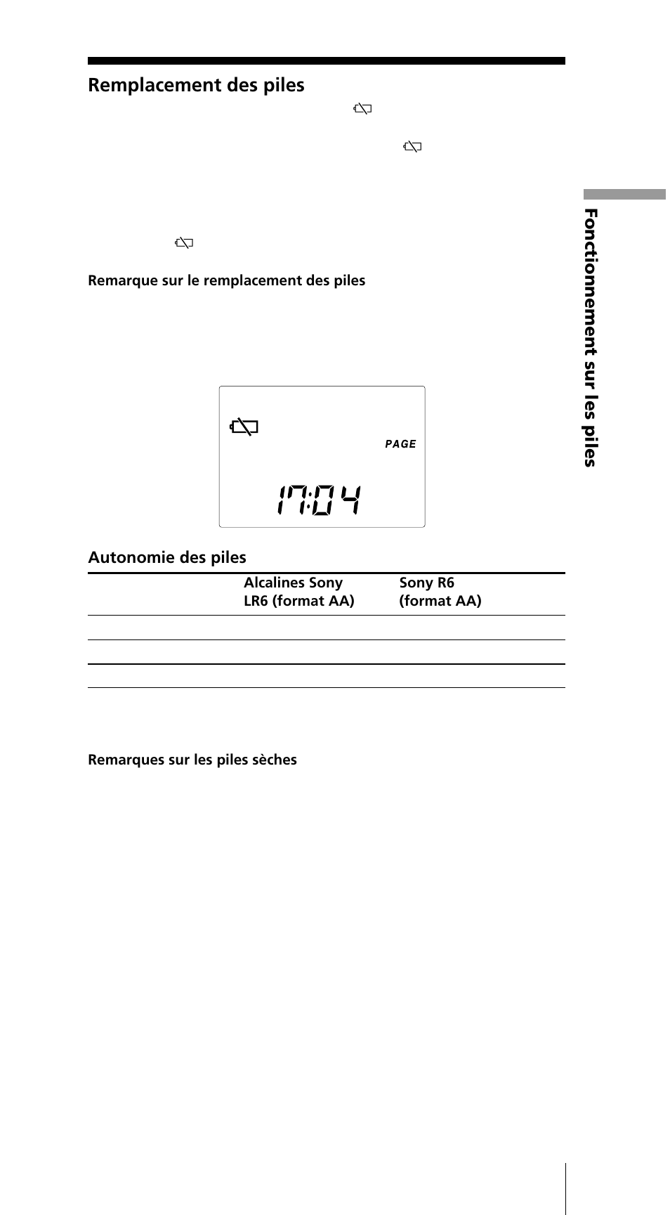 Remplacement des piles, Fonctionnement sur les piles | Sony ICF-SW7600GR User Manual | Page 49 / 242