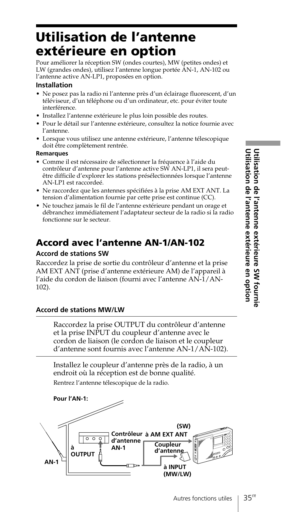 Utilisation de l’antenne extérieure en option, Accord avec l’antenne an-1/an-102 | Sony ICF-SW7600GR User Manual | Page 75 / 242