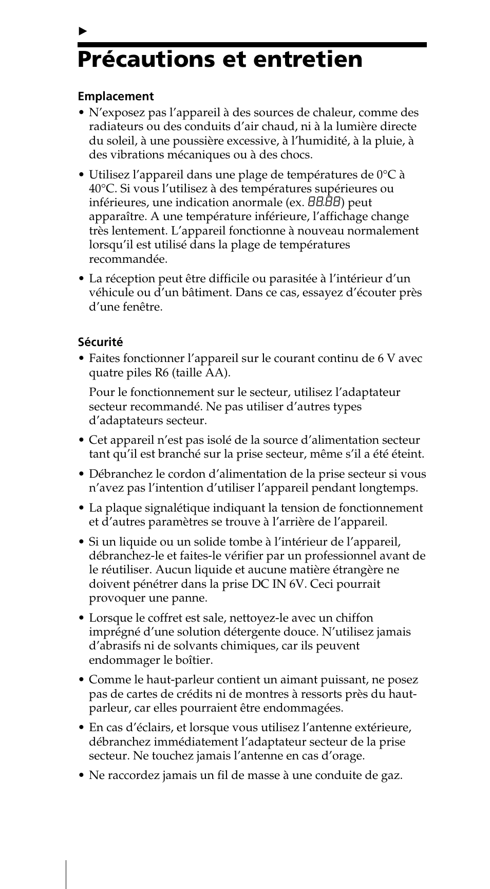 Précautions et entretien | Sony ICF-SW7600GR User Manual | Page 76 / 242