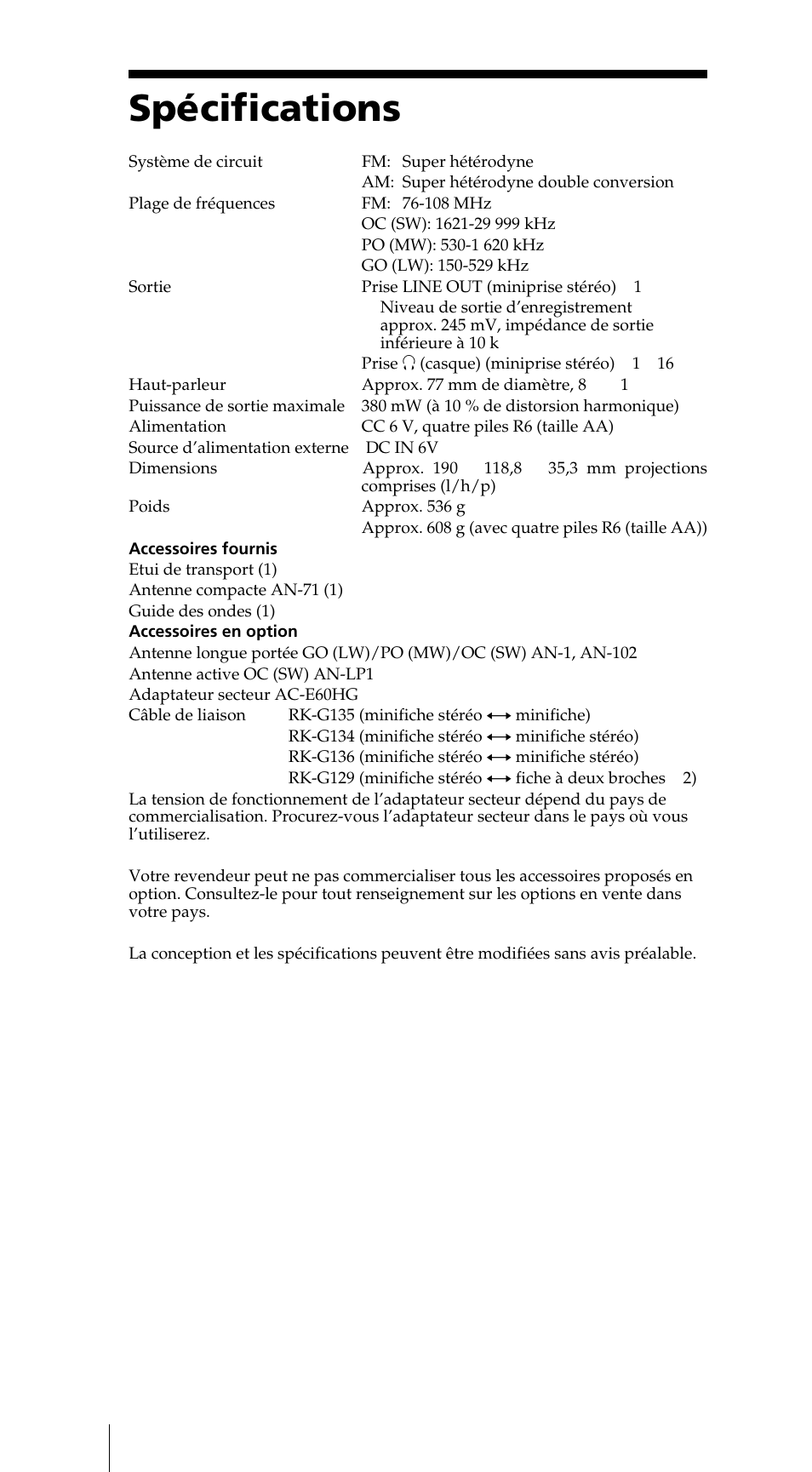 Spécifications | Sony ICF-SW7600GR User Manual | Page 80 / 242