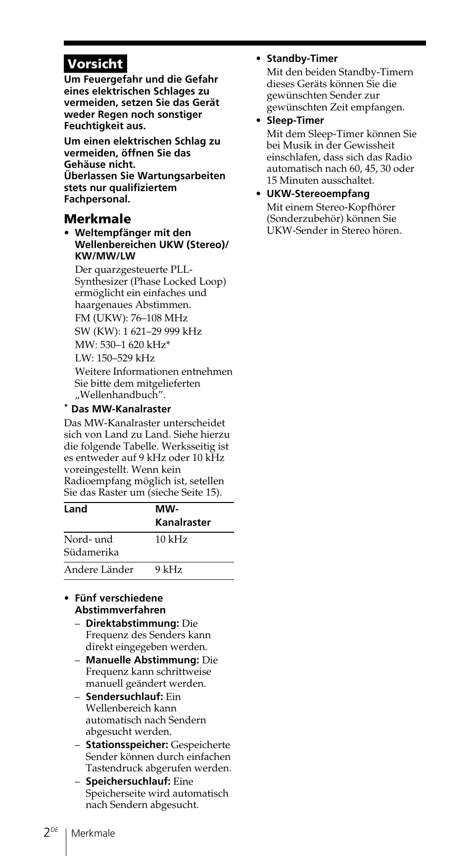 Vorsicht, Merkmale | Sony ICF-SW7600GR User Manual | Page 82 / 242