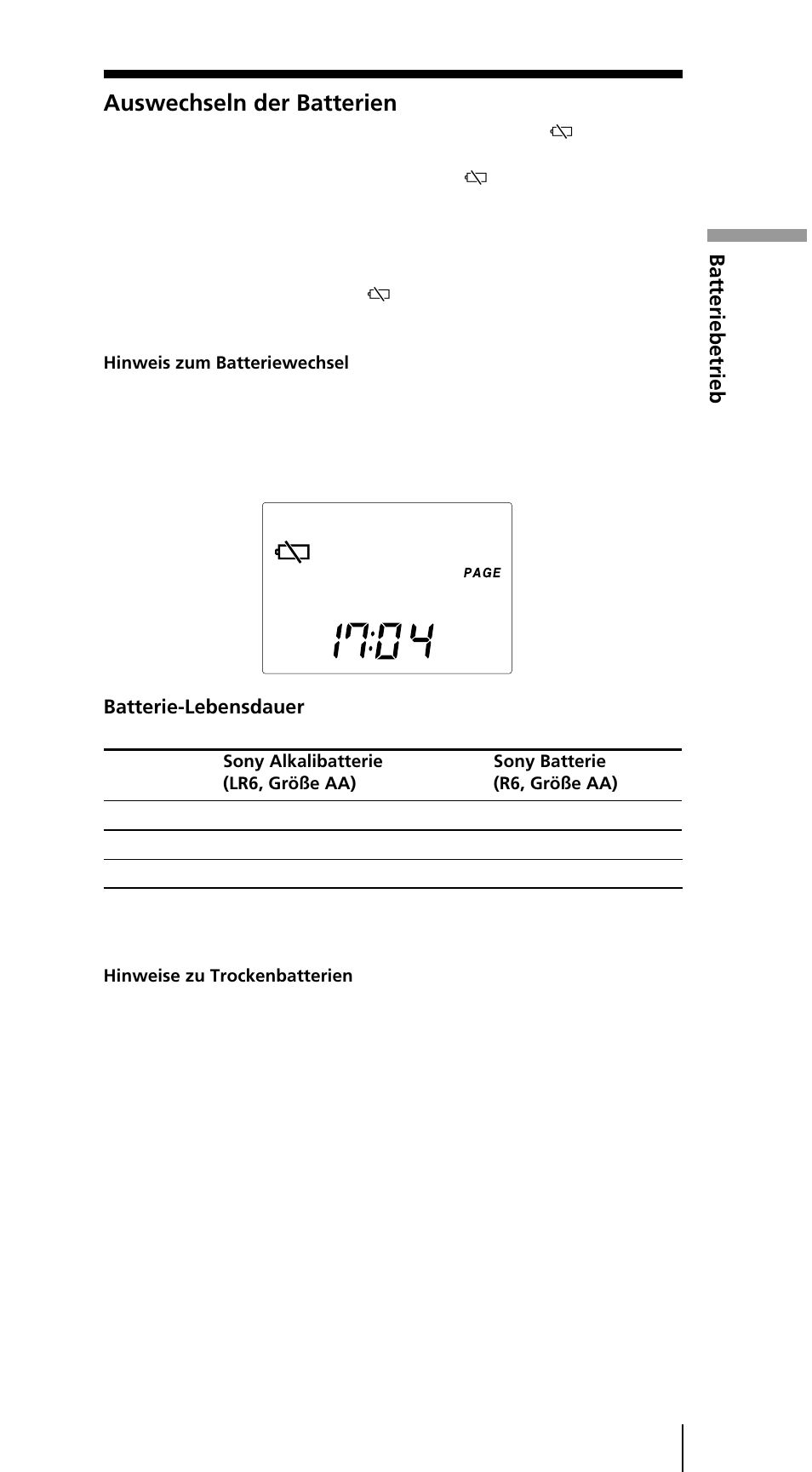 Auswechseln der batterien, Batteriebetrieb | Sony ICF-SW7600GR User Manual | Page 89 / 242